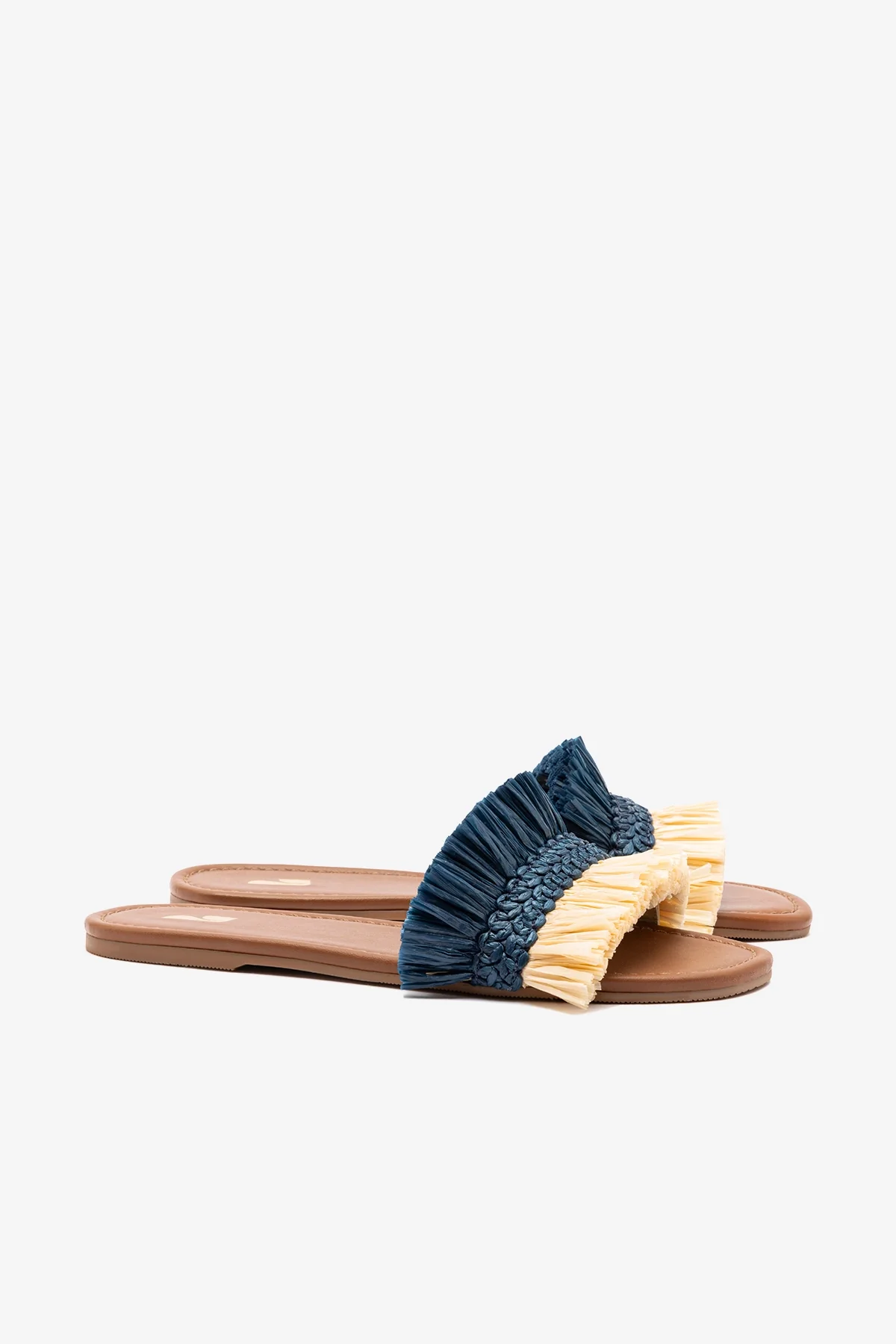 Bahia Fringe Flat In Beige And Navy Raffia - Image 3