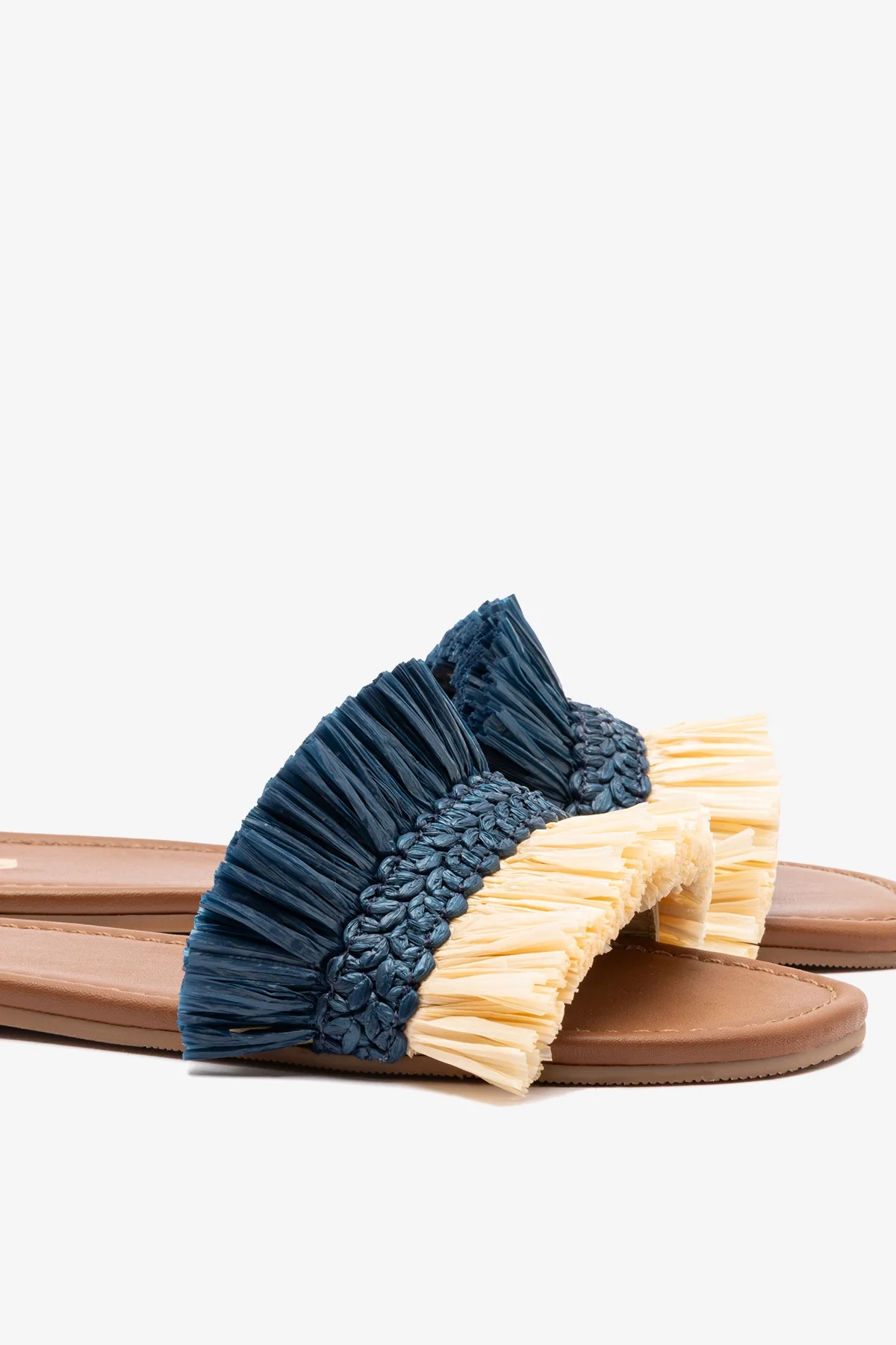 Bahia Fringe Flat In Beige And Navy Raffia - Image 4