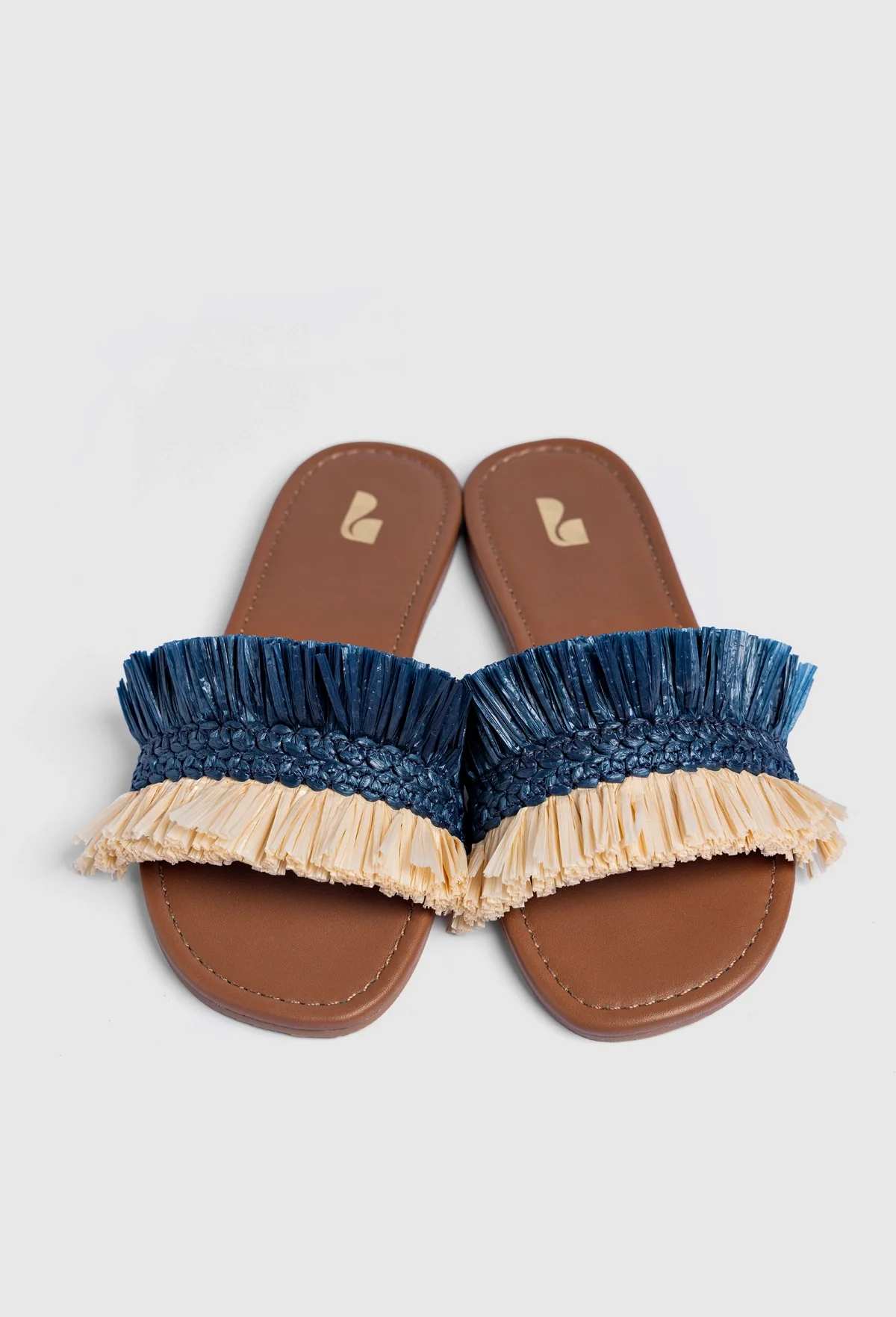 Bahia Fringe Flat In Beige And Navy Raffia - Image 6