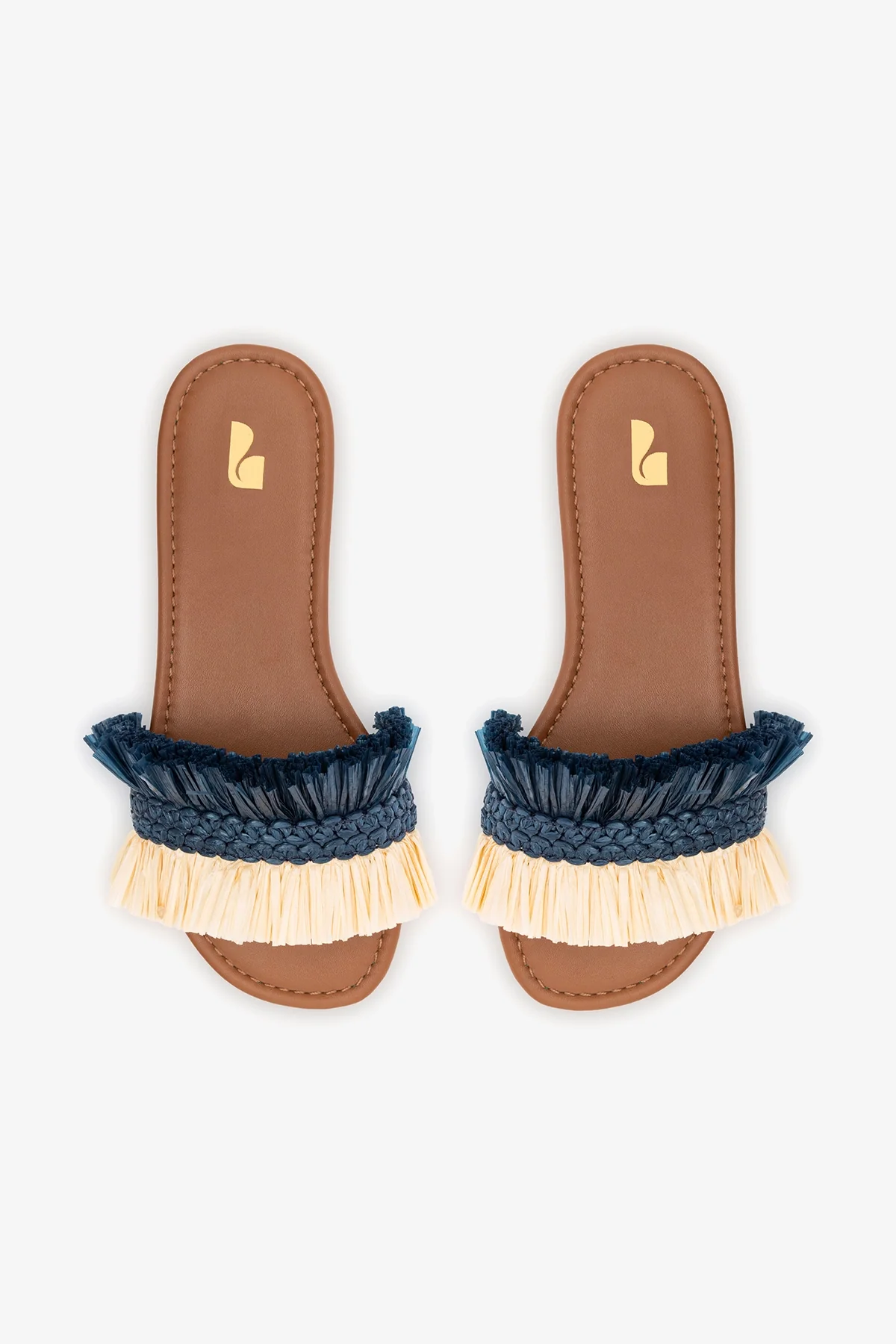 Bahia Fringe Flat In Beige And Navy Raffia - Image 7