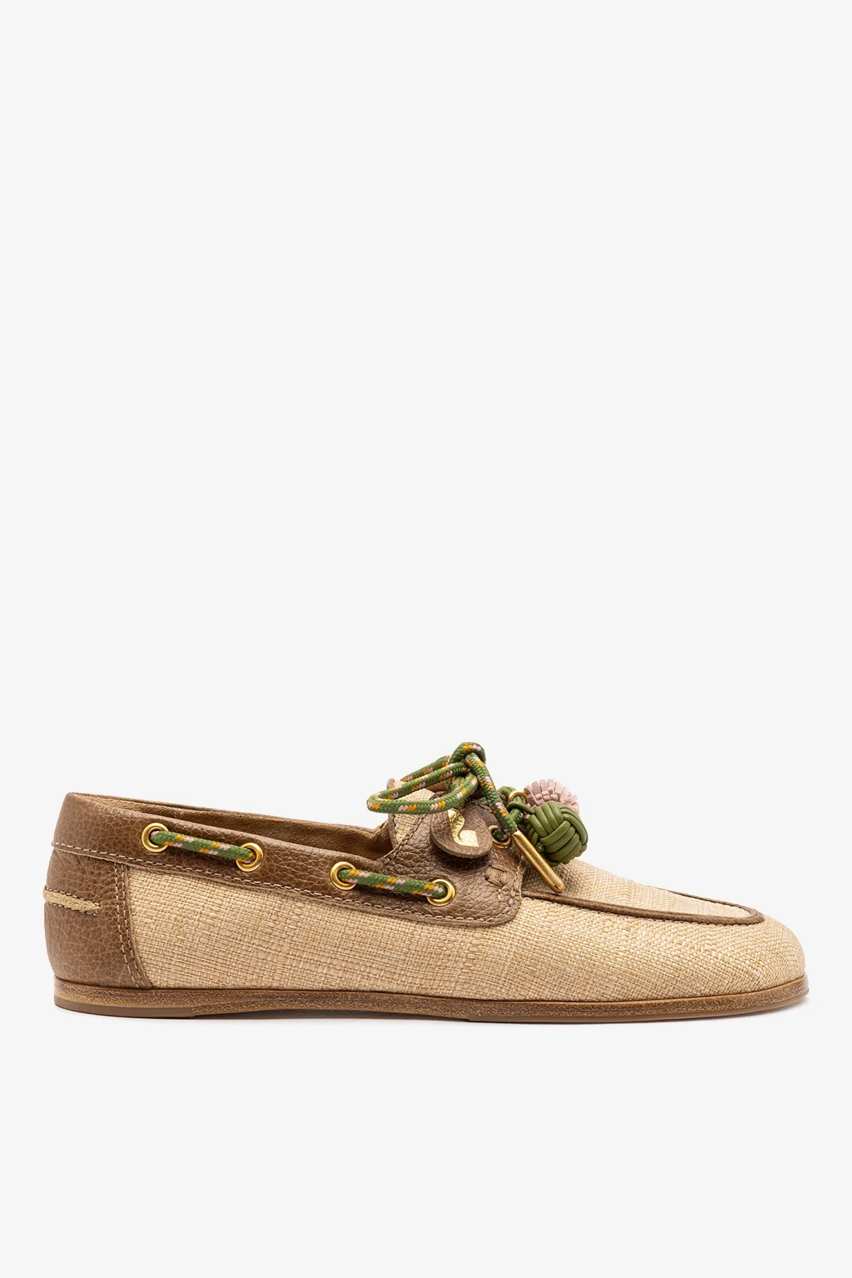 Cyprus Boat Shoe In Beige Raffia And Brown Leather