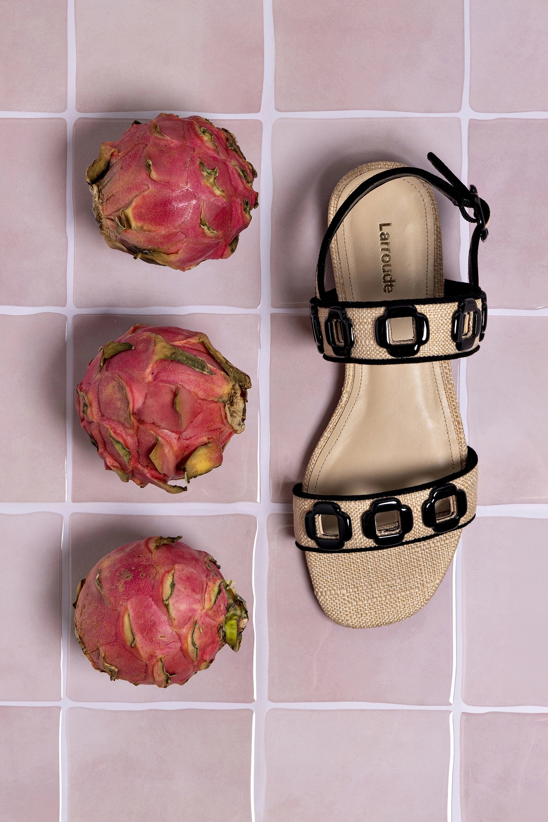 Milan Flat Sandal In Beige Raffia and Black Trimming - Image 2