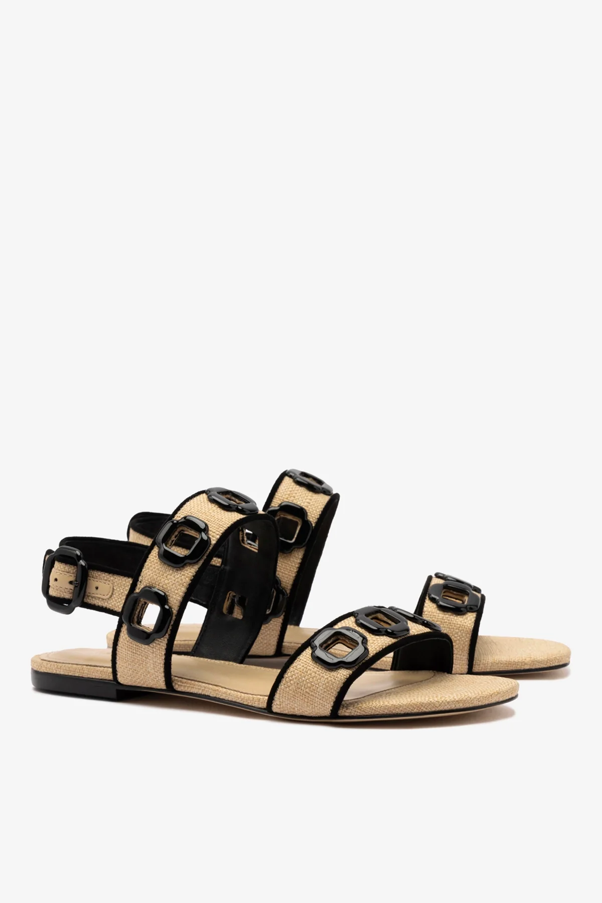 Milan Flat Sandal In Beige Raffia and Black Trimming - Image 3