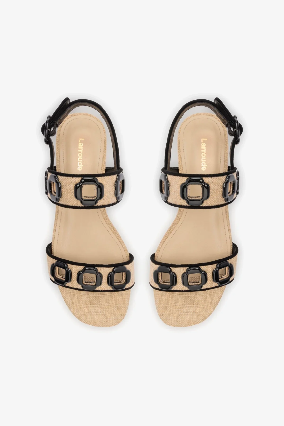 Milan Flat Sandal In Beige Raffia and Black Trimming - Image 7