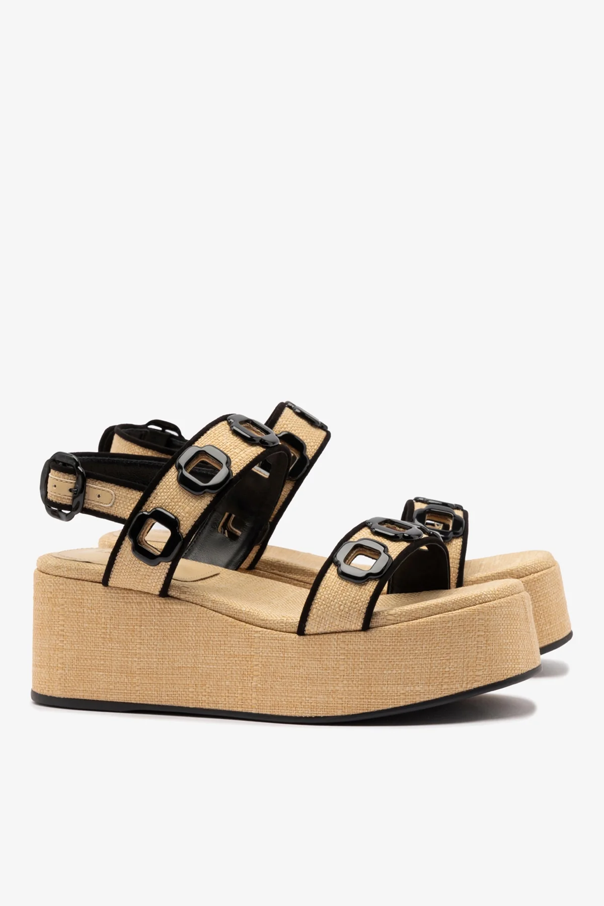 Milan Flatform In Beige Raffia and Black Trimming - Image 3