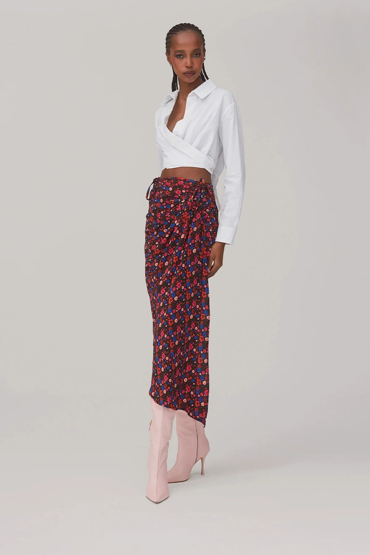 Ayesha Pleated Wrap Skirt In Black Floral Silk - Image 3