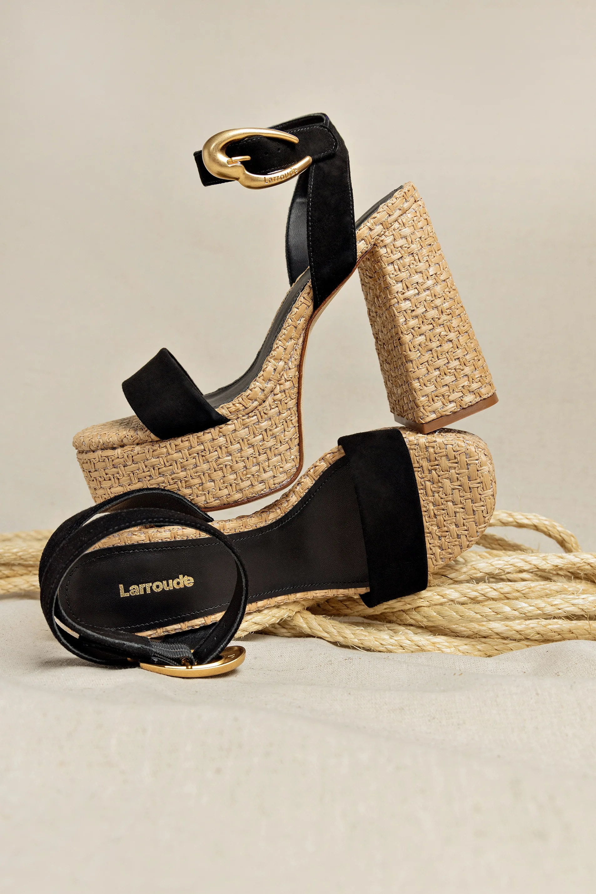 Dolly Verona Sandal In Black Suede and Natural Raffia - Image 2