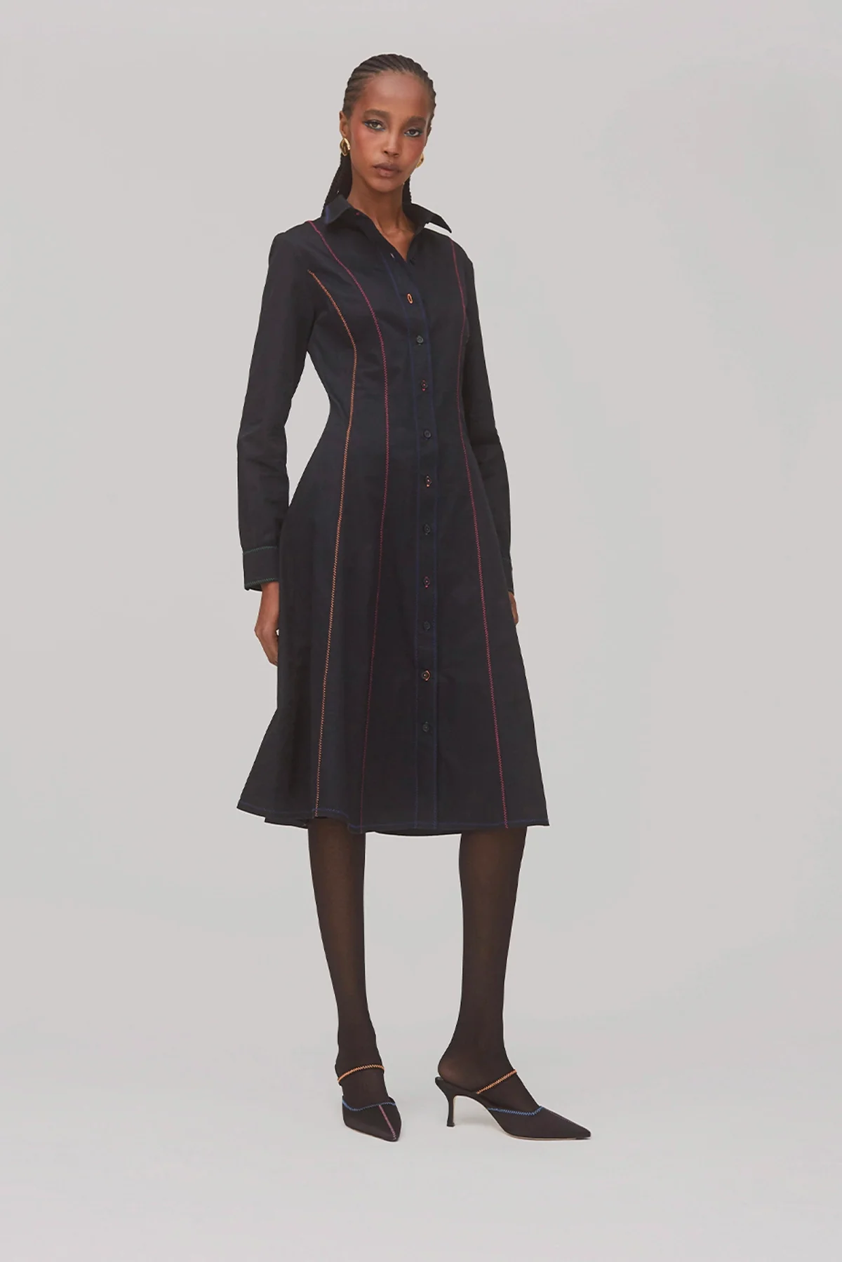 Elena Buttondown Dress In Black Percale - Image 3