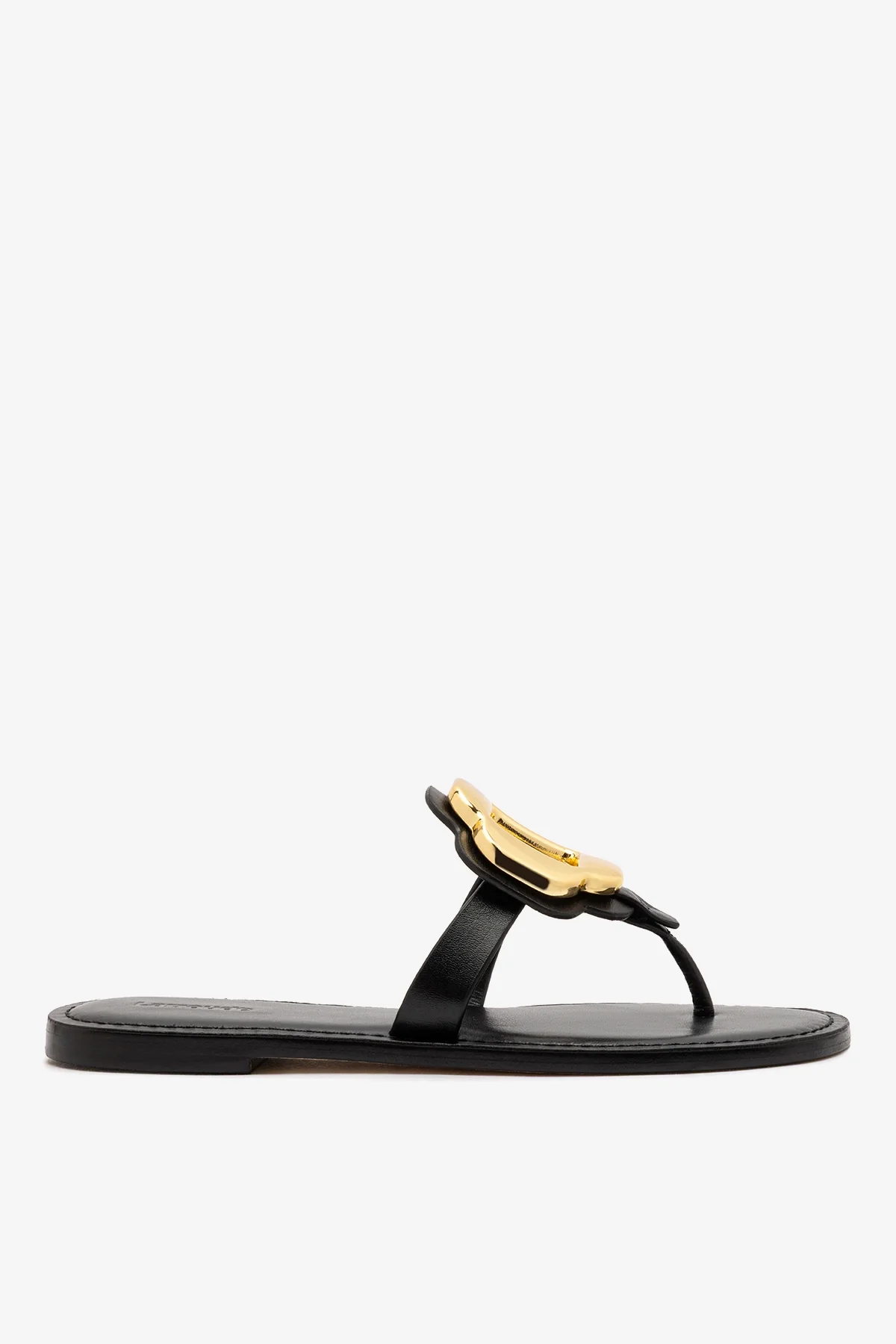 Margherita Thong Sandal in Black Leather and Gold Hardware