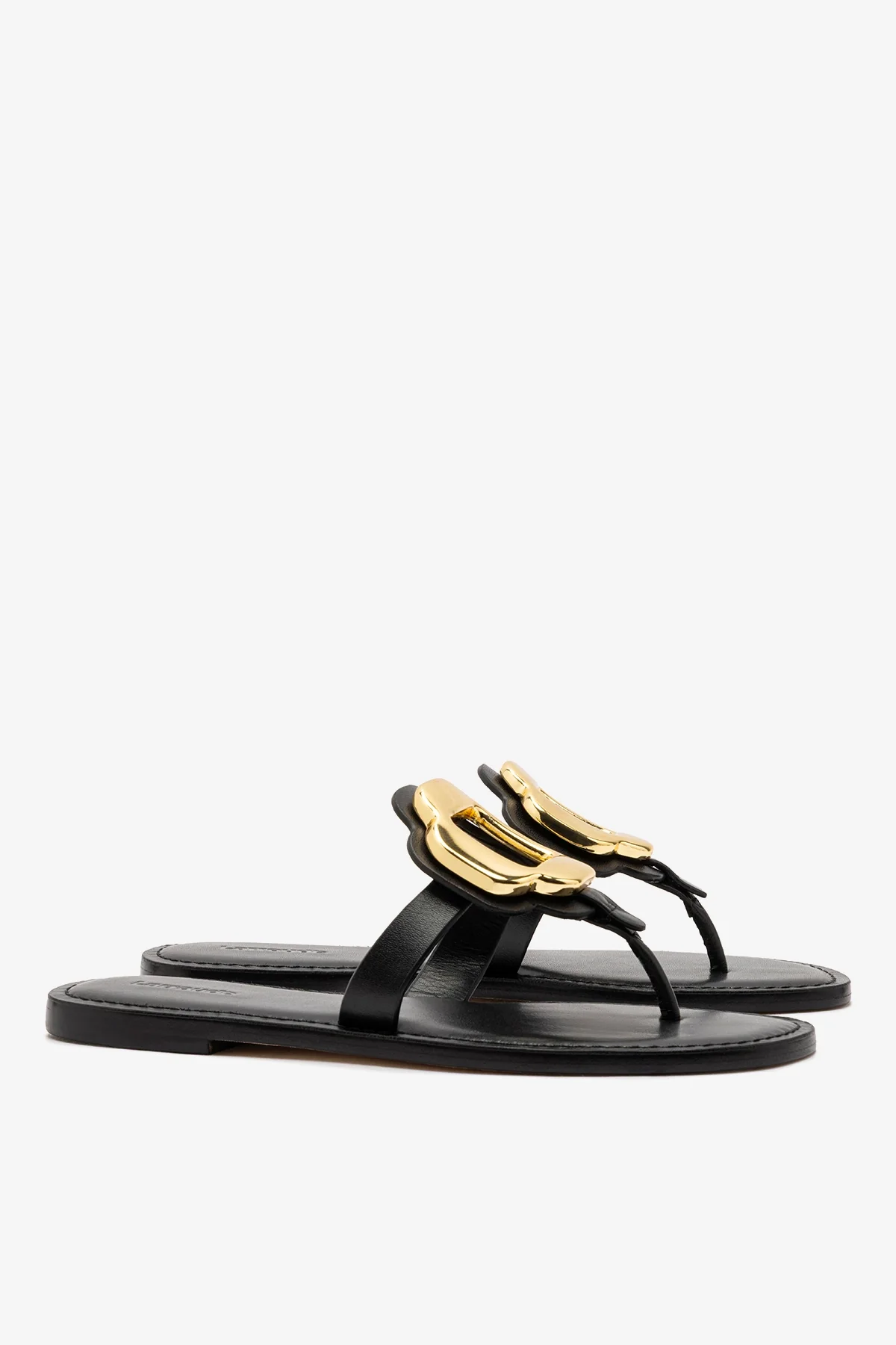 Margherita Thong Sandal in Black Leather and Gold Hardware - Image 3