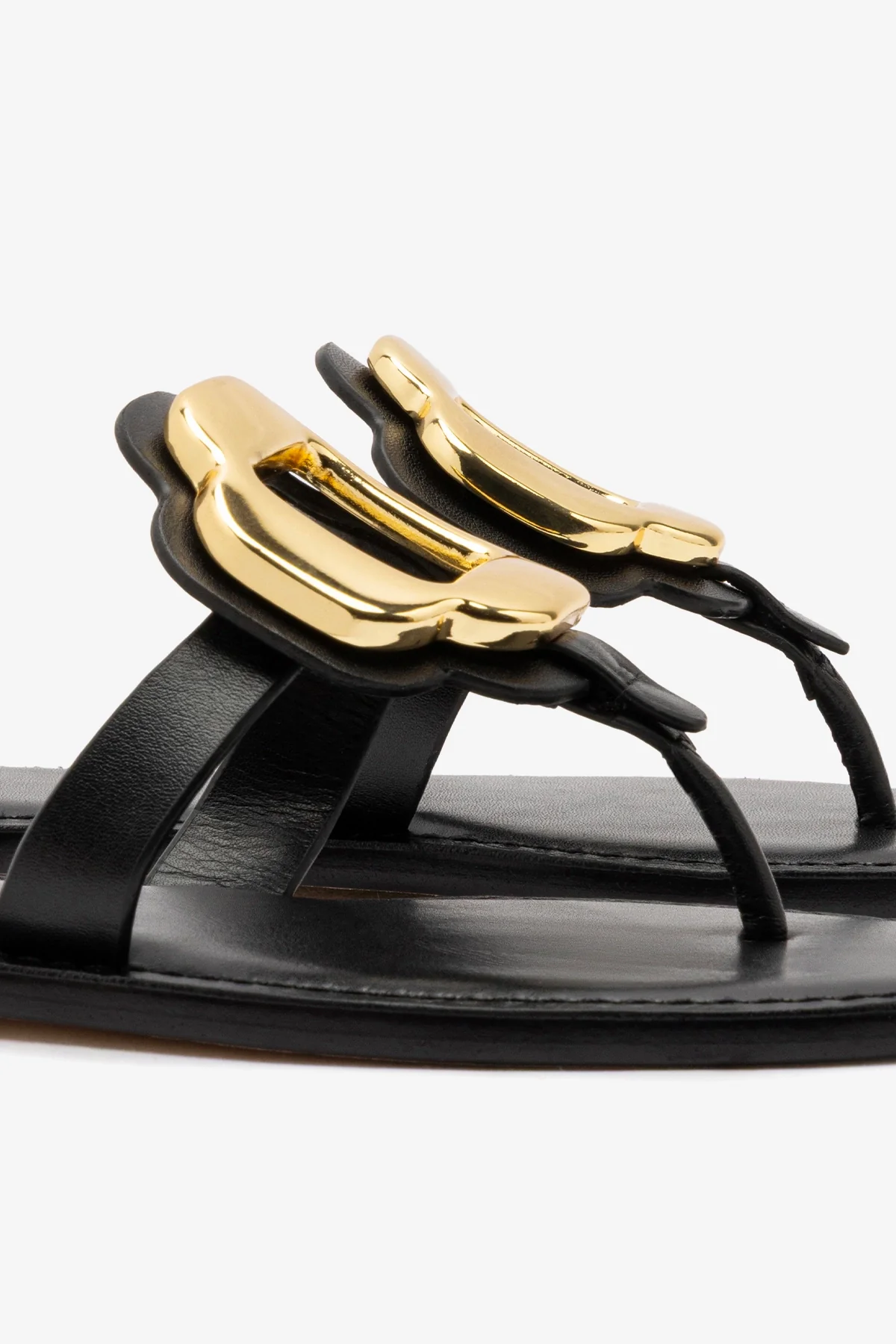 Margherita Thong Sandal in Black Leather and Gold Hardware - Image 4