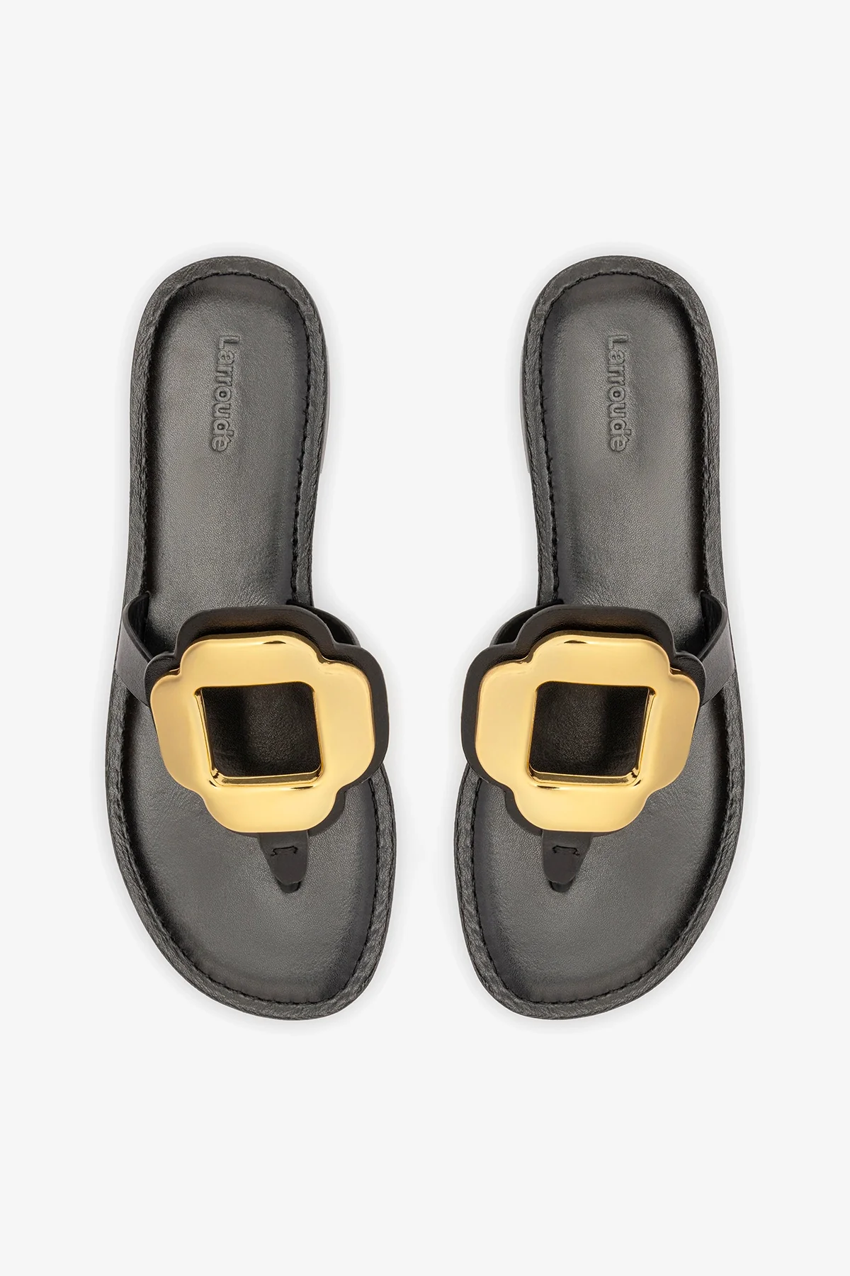 Margherita Thong Sandal in Black Leather and Gold Hardware - Image 7