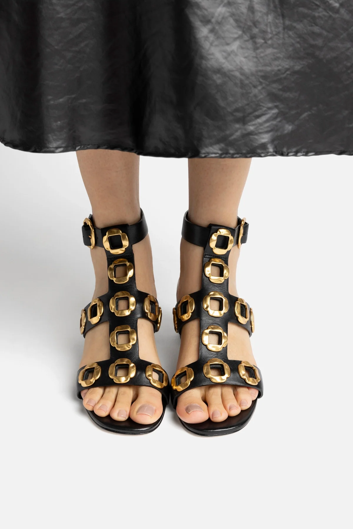 Milan Gladiator Block Sandal In Black Leather - Image 2