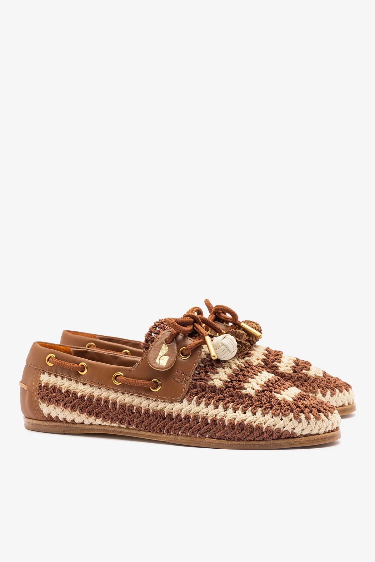 Cyprus Crochet Boat Shoe In Caramel and Ivory Crochet and Caramel Leather - Image 3