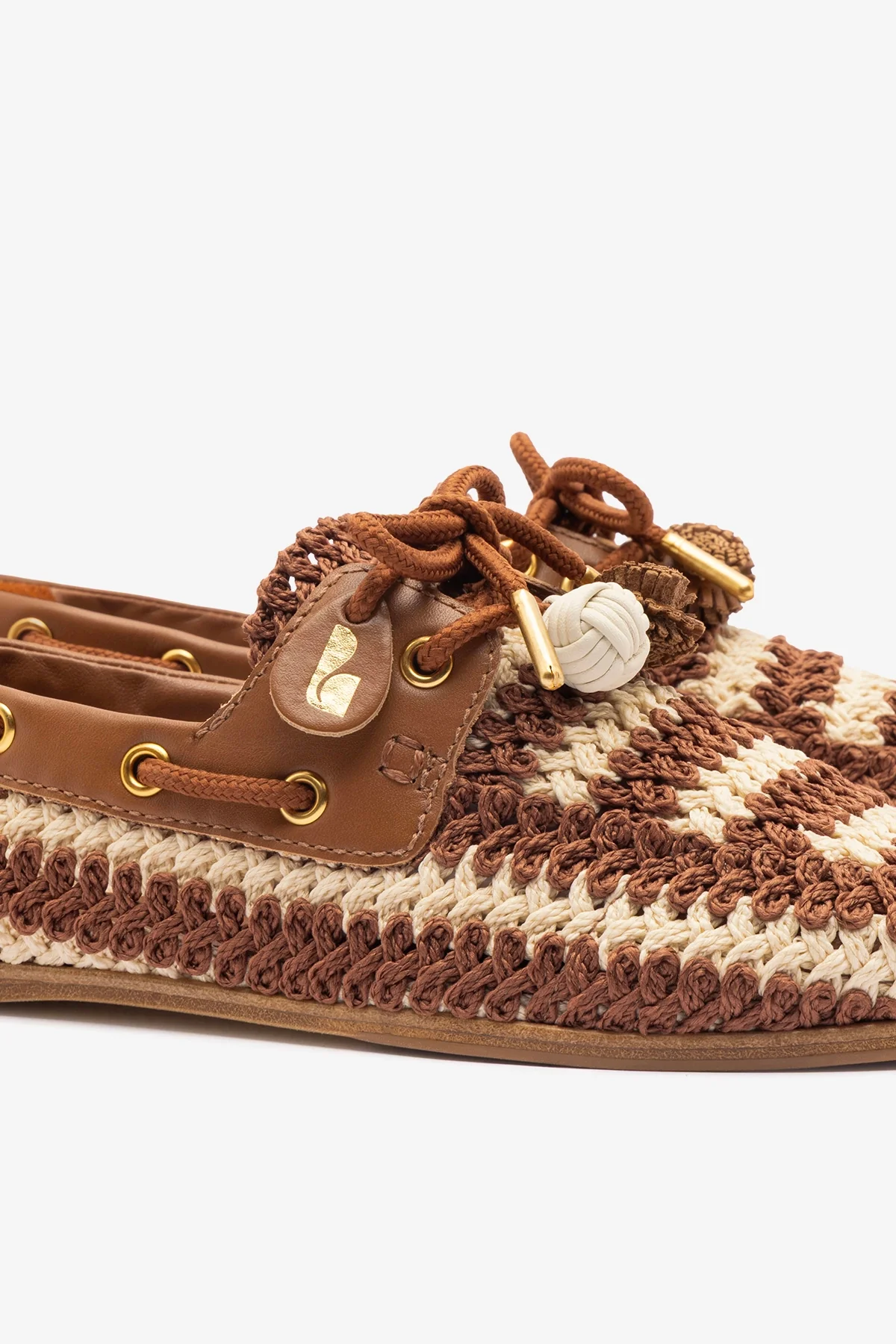 Cyprus Crochet Boat Shoe In Caramel and Ivory Crochet and Caramel Leather - Image 4
