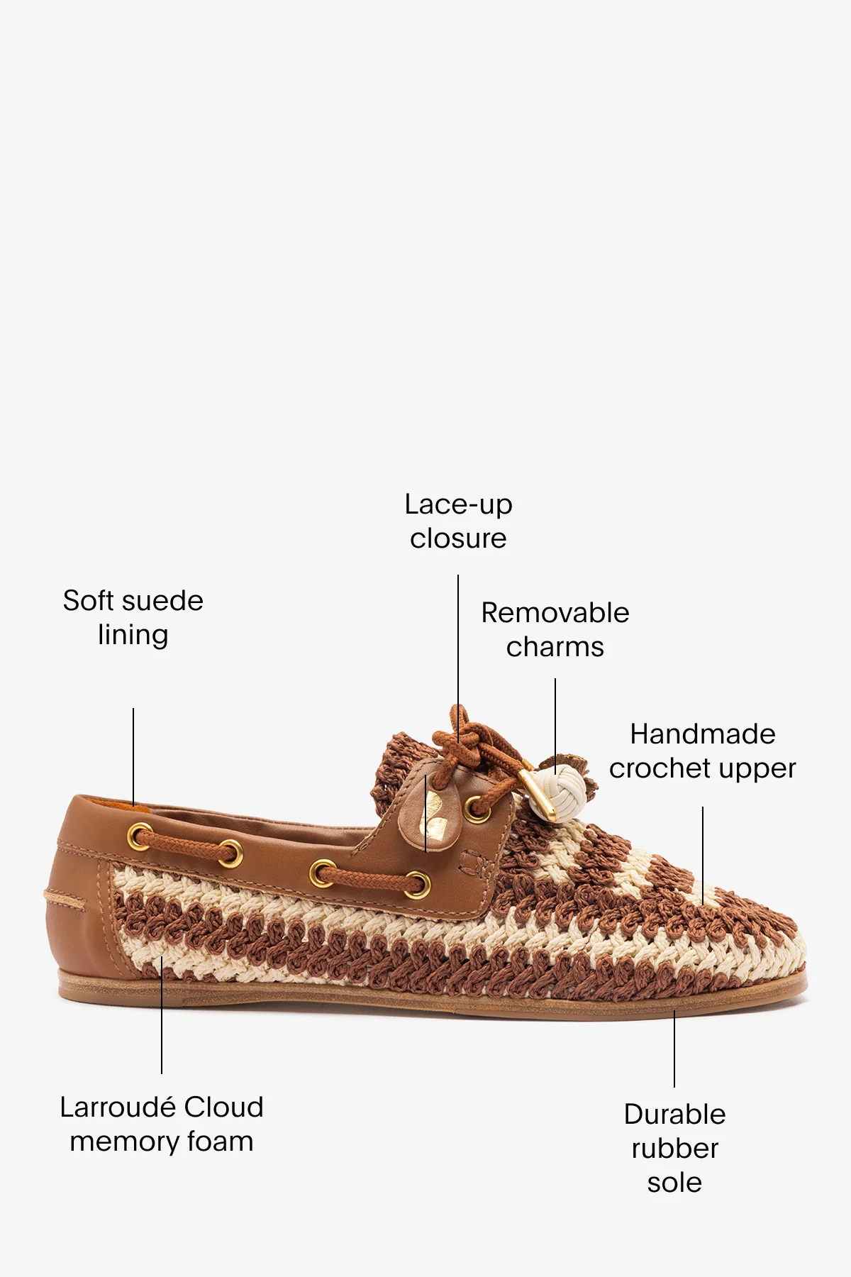 Cyprus Crochet Boat Shoe In Caramel and Ivory Crochet and Caramel Leather - Image 5