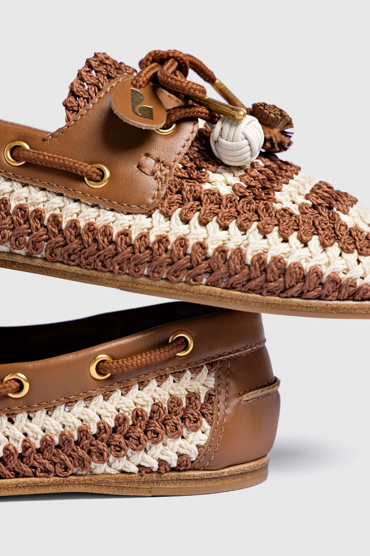 Cyprus Crochet Boat Shoe In Caramel and Ivory Crochet and Caramel Leather - Image 6