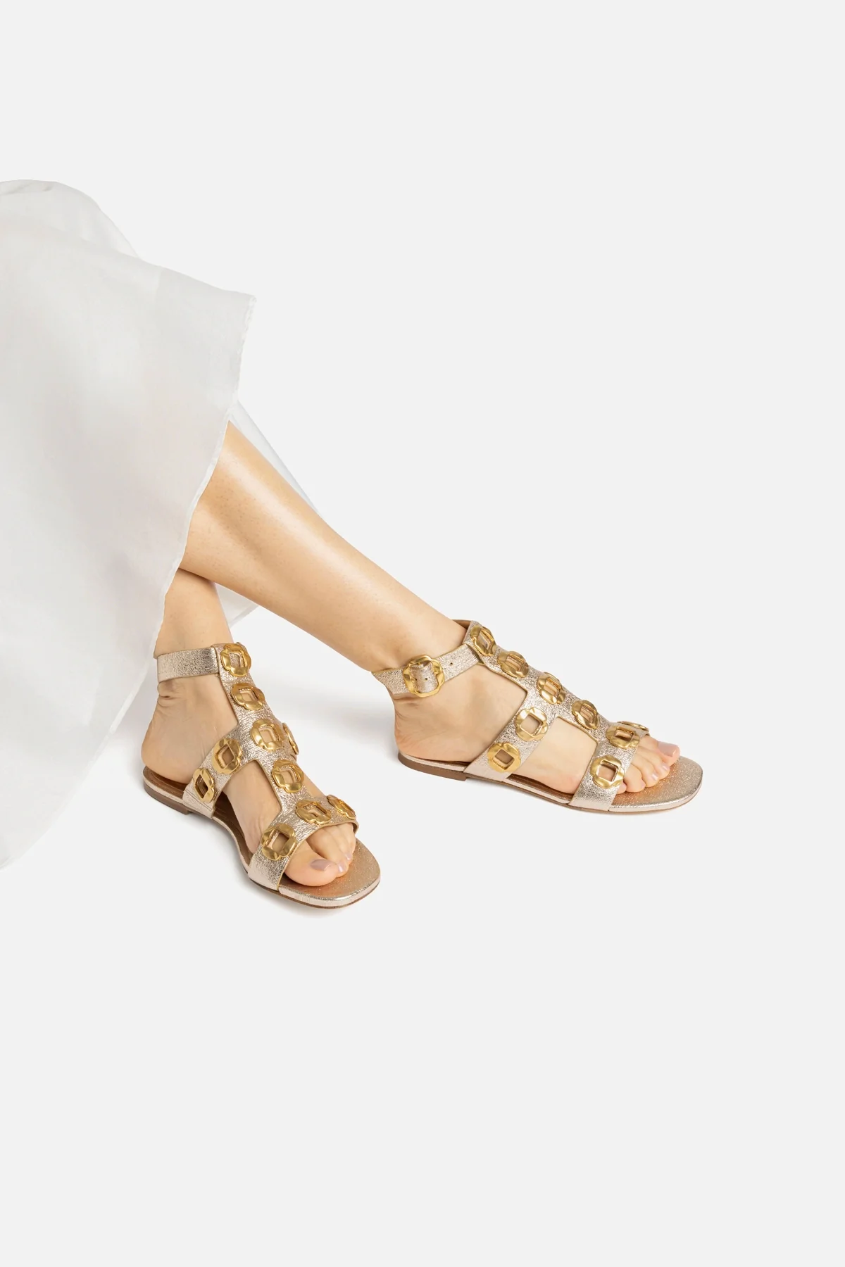 Milan Gladiator Flat In Platina Metallic Leather - Image 5