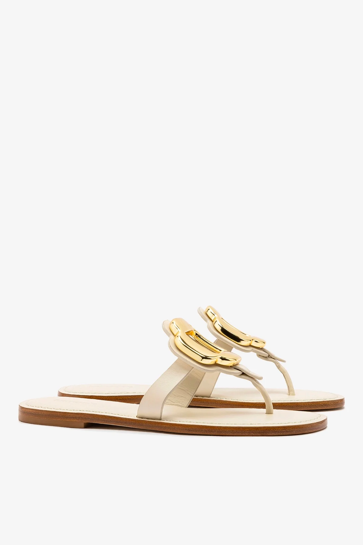 Margherita Thong Sandal in Ivory Leather and Gold Hardware - Image 3