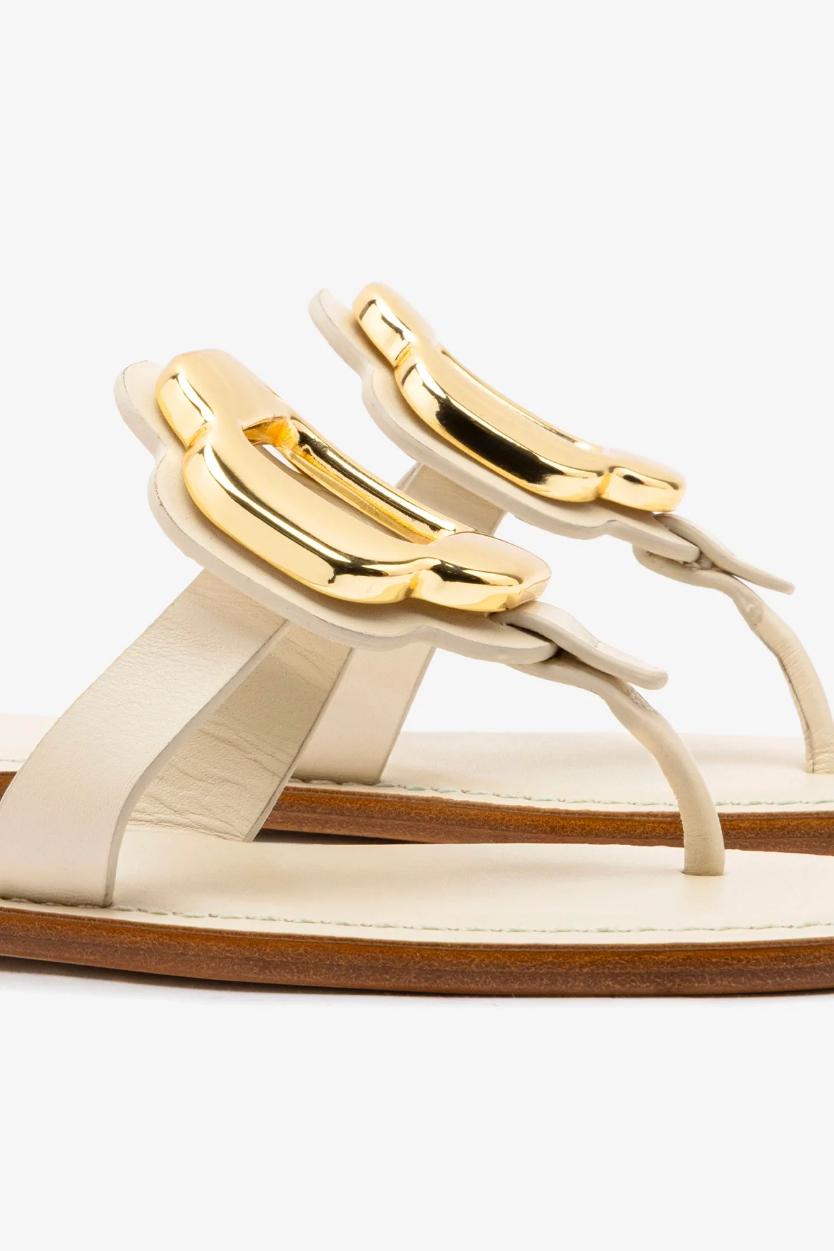 Margherita Thong Sandal in Ivory Leather and Gold Hardware - Image 4
