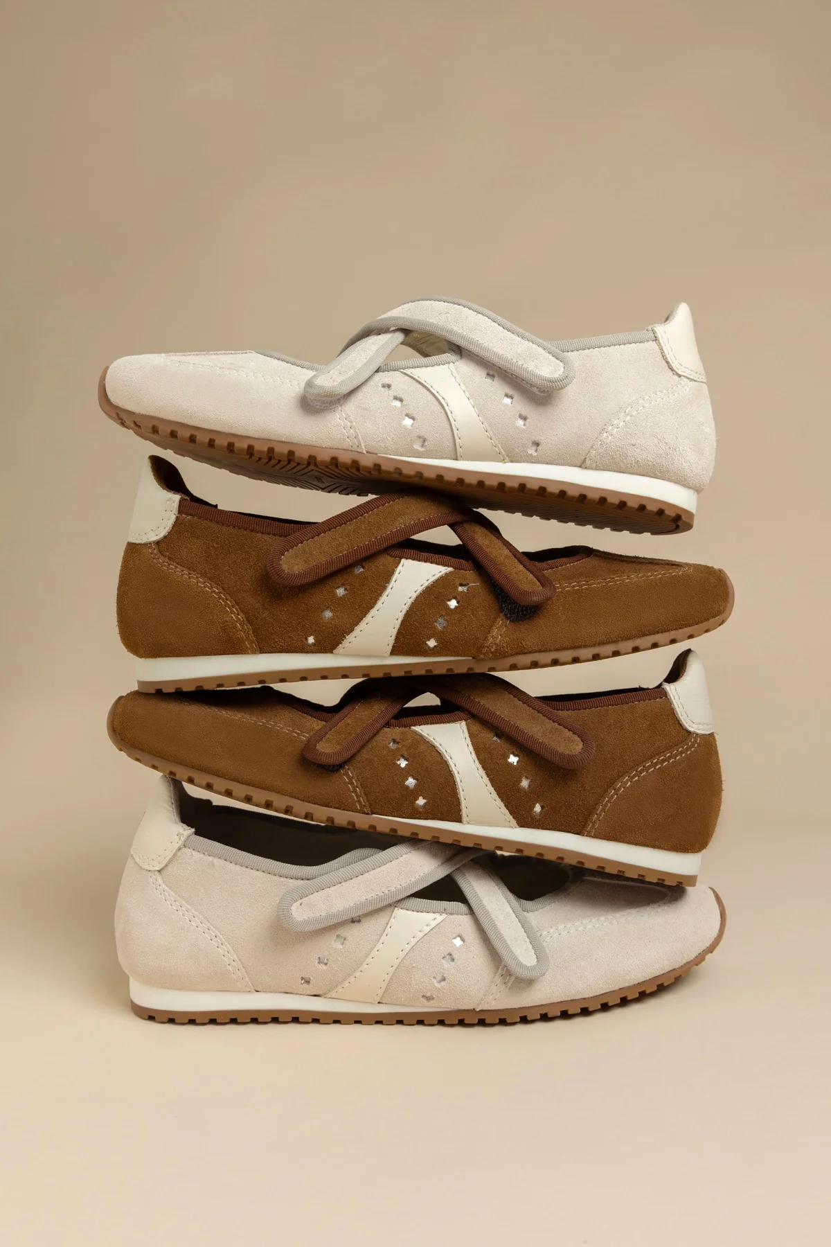 Stella Ballerina Flat In Mushroom Grey Suede and Ivory Leather - Image 6