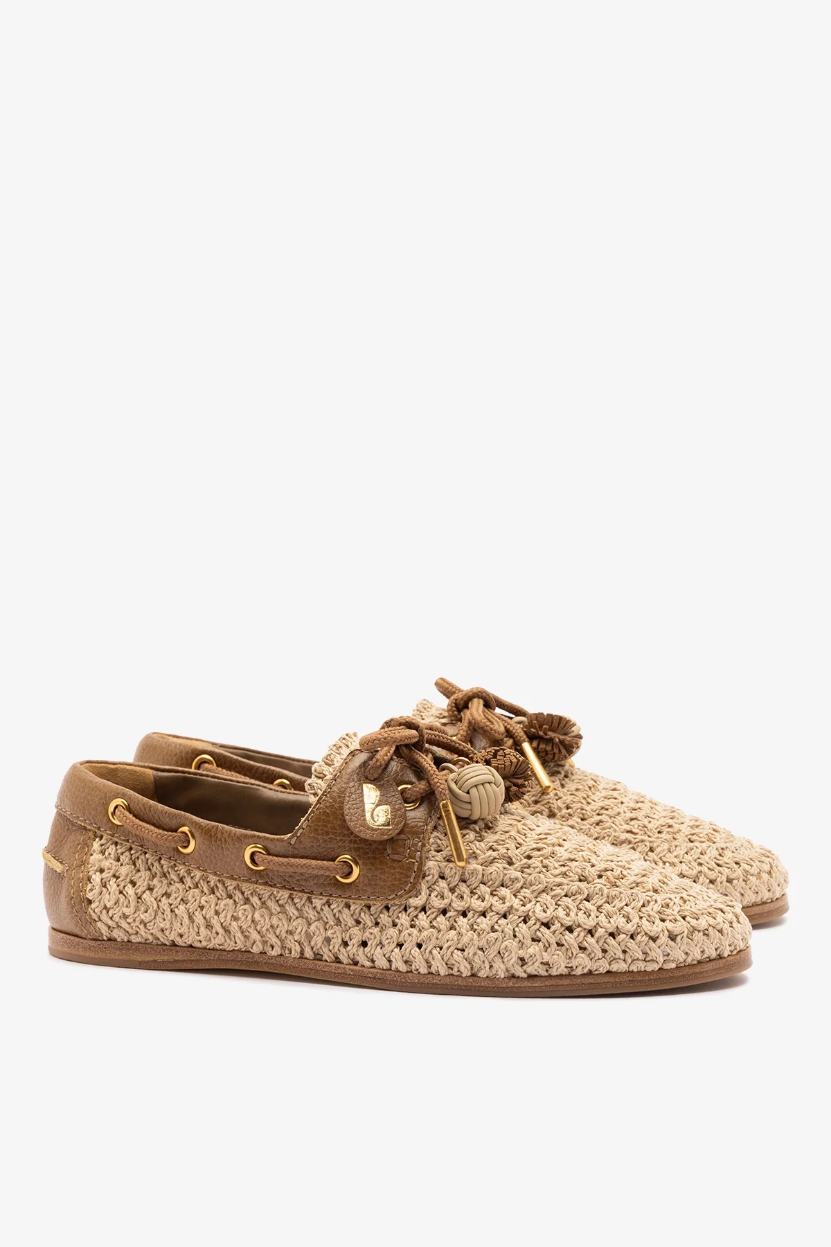 Cyprus Crochet Boat Shoe In Natural Crochet and Russet Leather - Image 3
