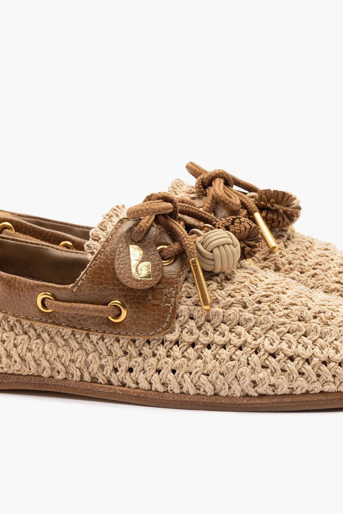 Cyprus Crochet Boat Shoe In Natural Crochet and Russet Leather - Image 4