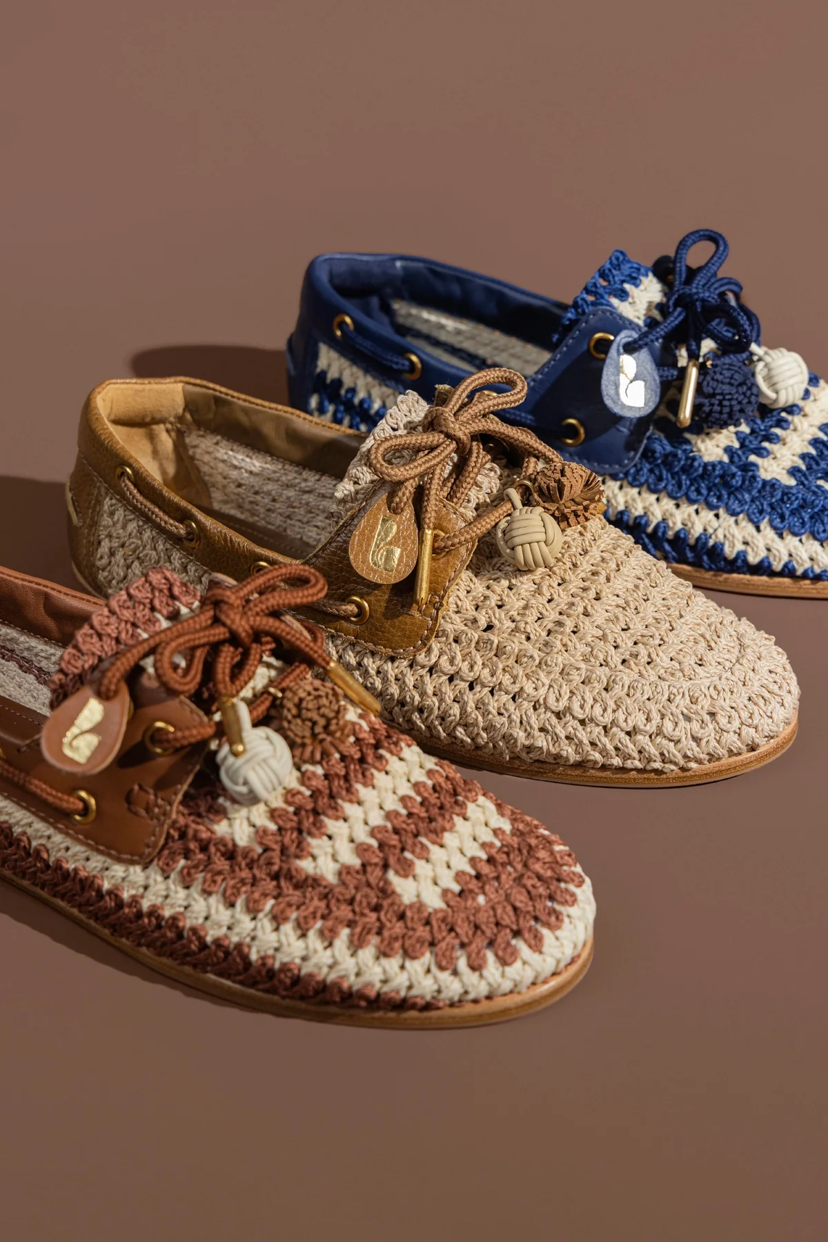 Cyprus Crochet Boat Shoe In Caramel and Ivory Crochet and Caramel Leather - Image 2
