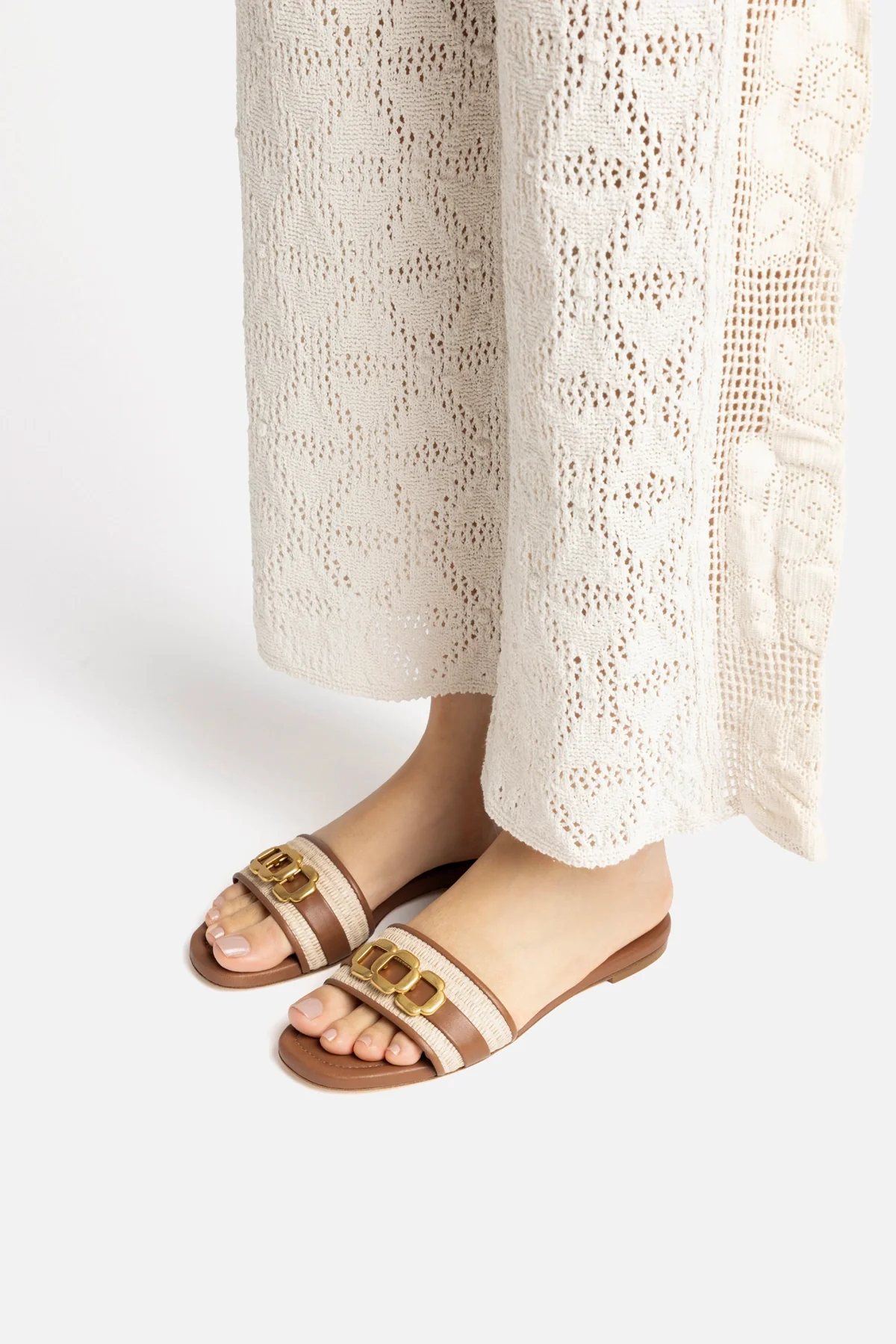 Franca Flat In Natural Raffia And Caramel Leather - Image 5
