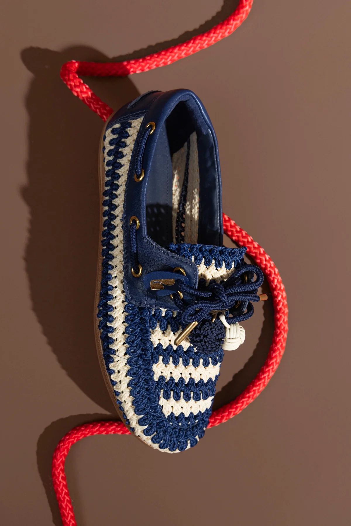 Cyprus Crochet Boat Shoe In Navy and Ivory Crochet and Navy Leather - Image 2