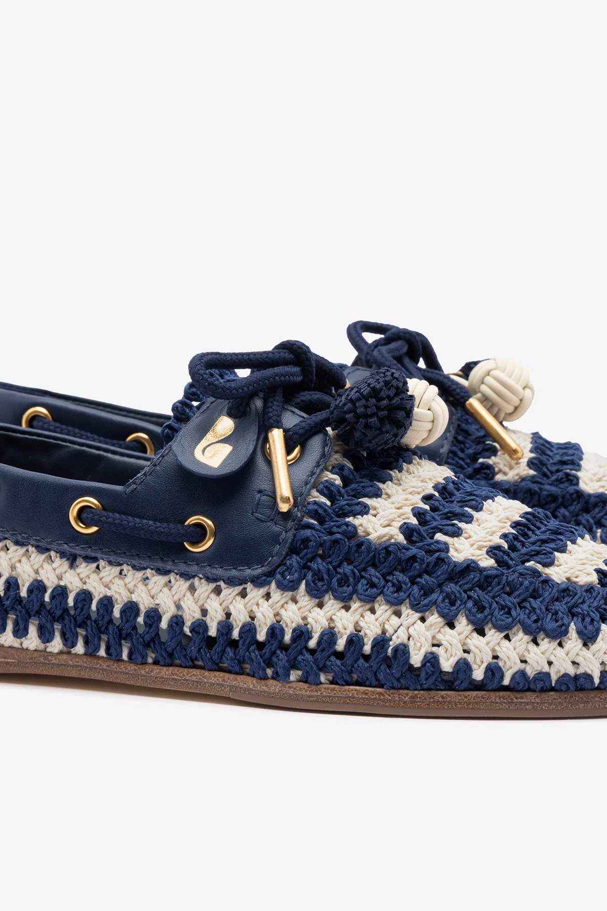 Cyprus Crochet Boat Shoe In Navy and Ivory Crochet and Navy Leather - Image 4