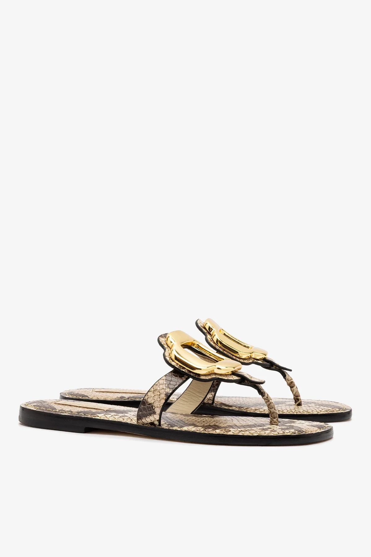 Margherita Thong Sandal in Neutral Snake Leather and Gold Hardware - Image 3