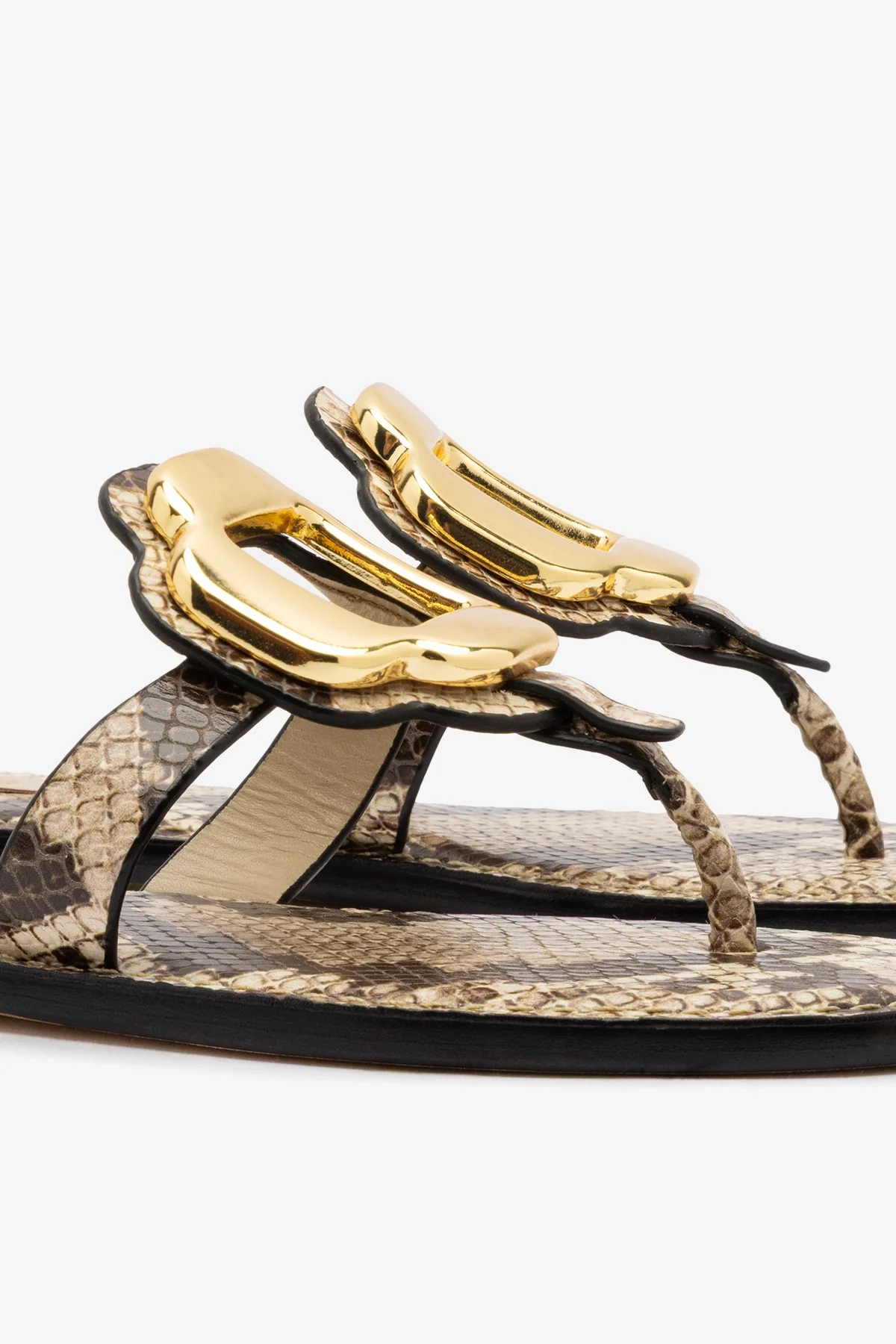 Margherita Thong Sandal in Neutral Snake Leather and Gold Hardware - Image 4