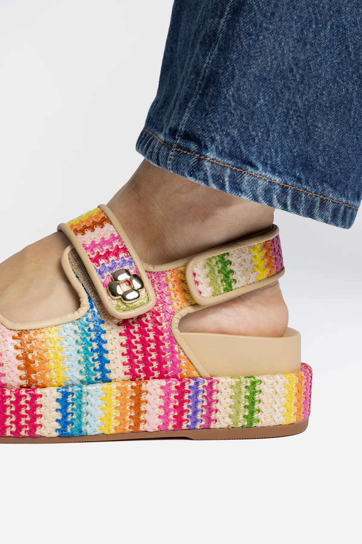 Jetty Sandal In Rainbow Raffia and Beige Leather - Image 5