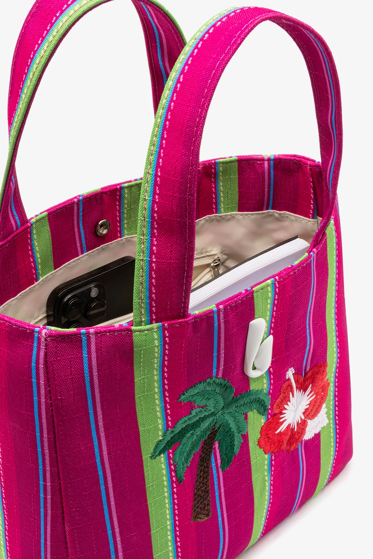 Poppy Mini Tote Bag In Pink And Emerald Raffia - Image 4