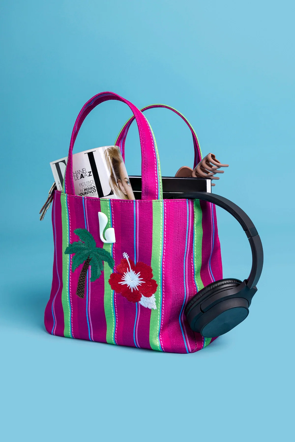 Poppy Mini Tote Bag In Pink And Emerald Raffia - Image 7