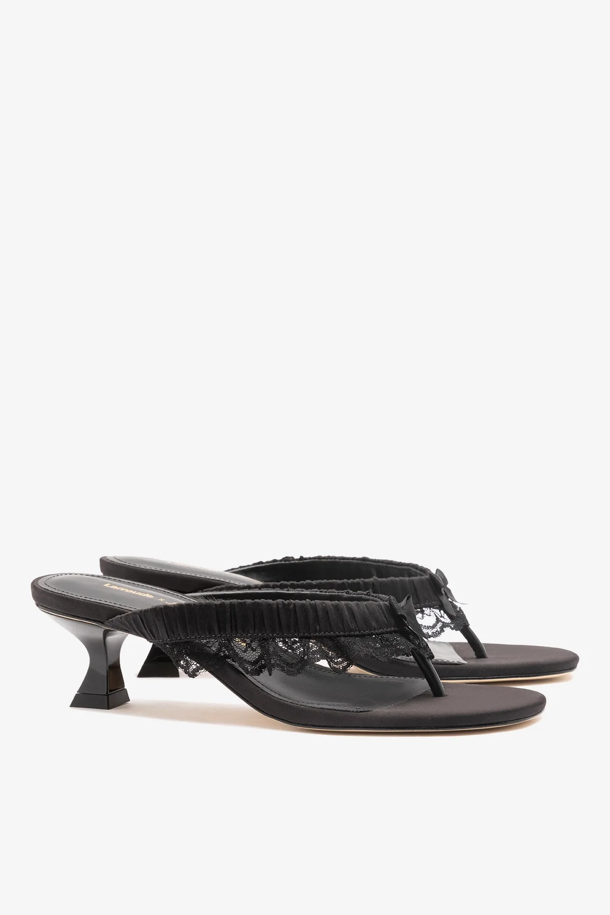 Larroudé x Tanner Fletcher: Gaia Low Lingerie Thong Sandal Black Satin - Image 3