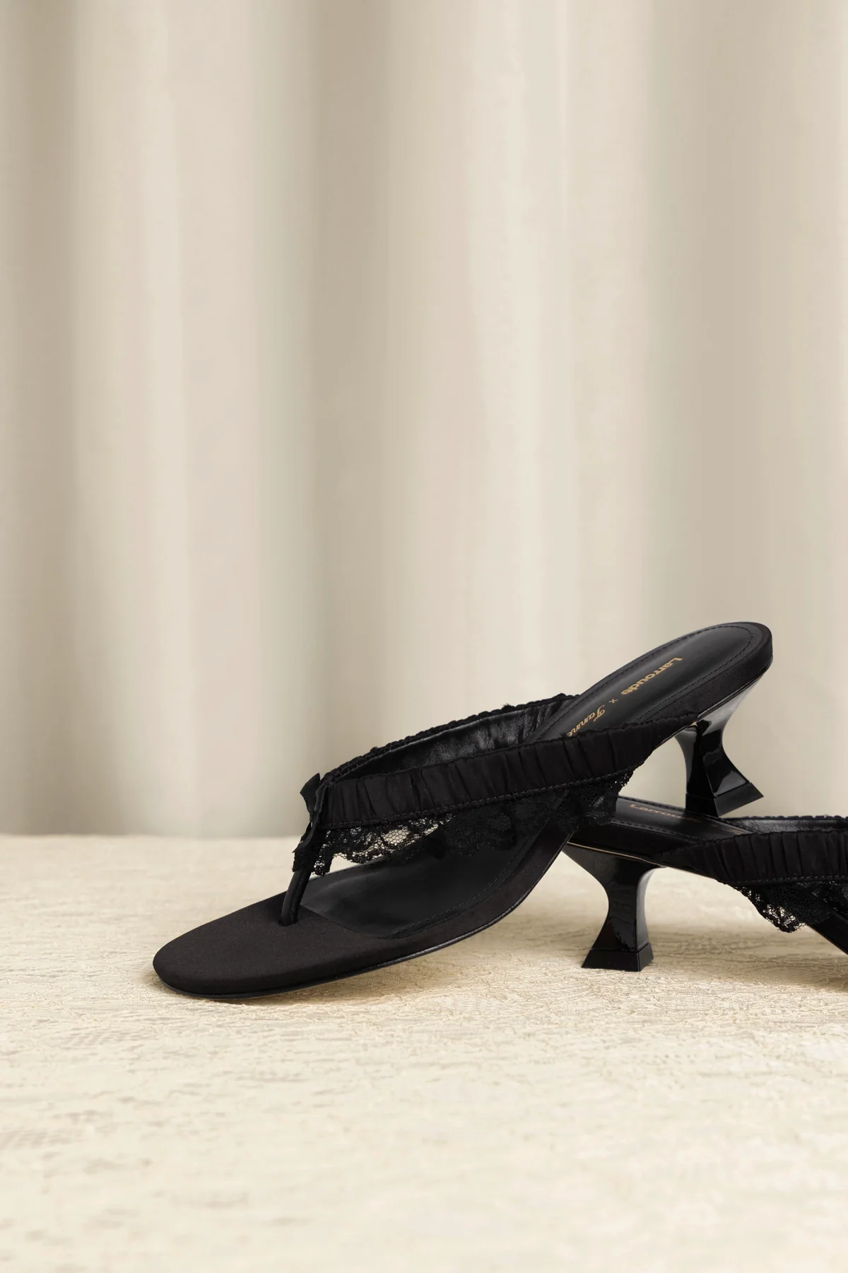 Larroudé x Tanner Fletcher: Gaia Low Lingerie Thong Sandal Black Satin - Image 6