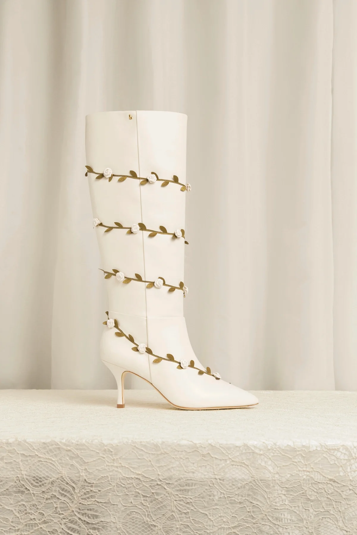 Larroudé x Tanner Fletcher: Kate Mid Rose Vines Boot Ivory Leather - Image 6