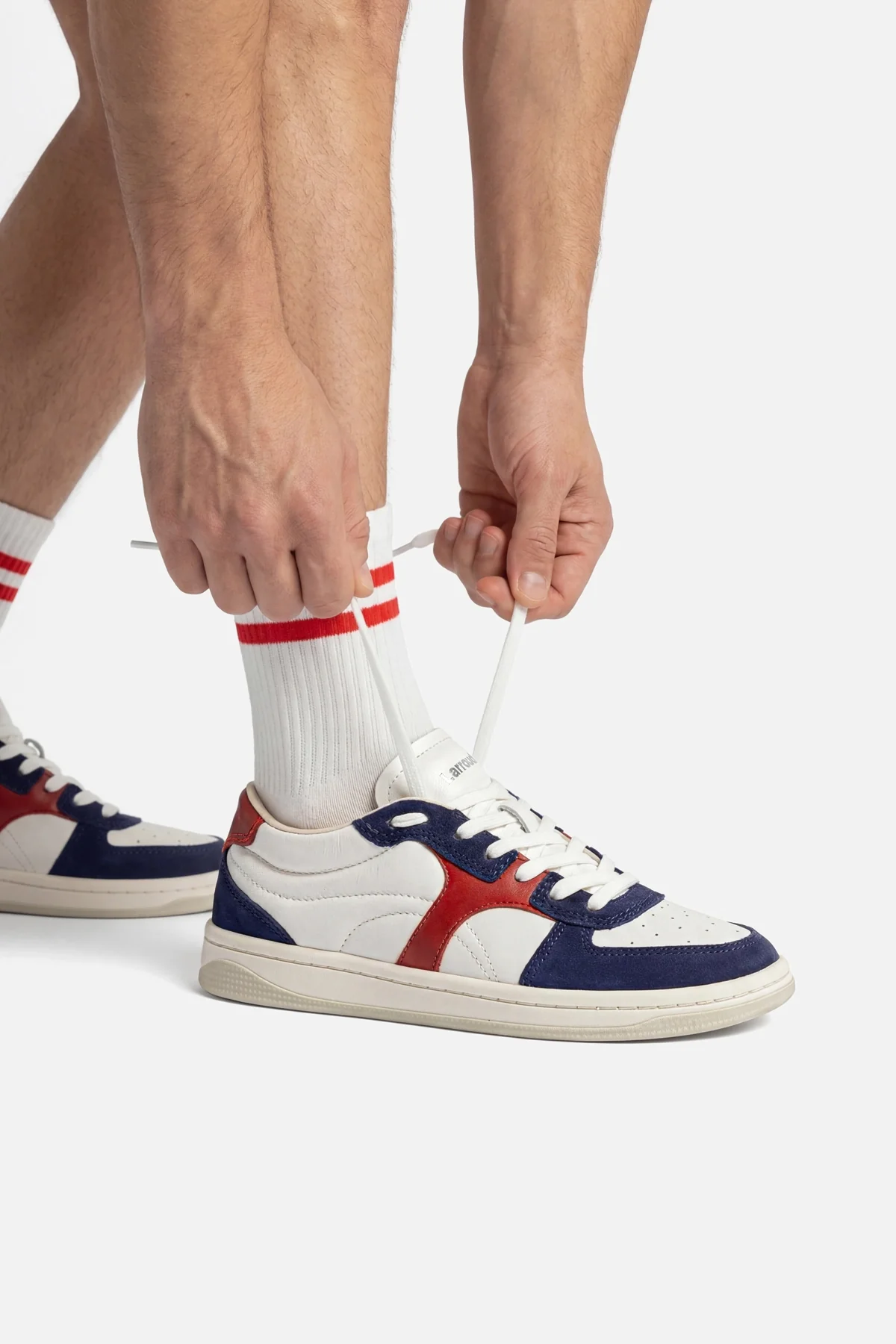 George Sneaker In White and Blood Red Leather and Navy Suede - Image 2
