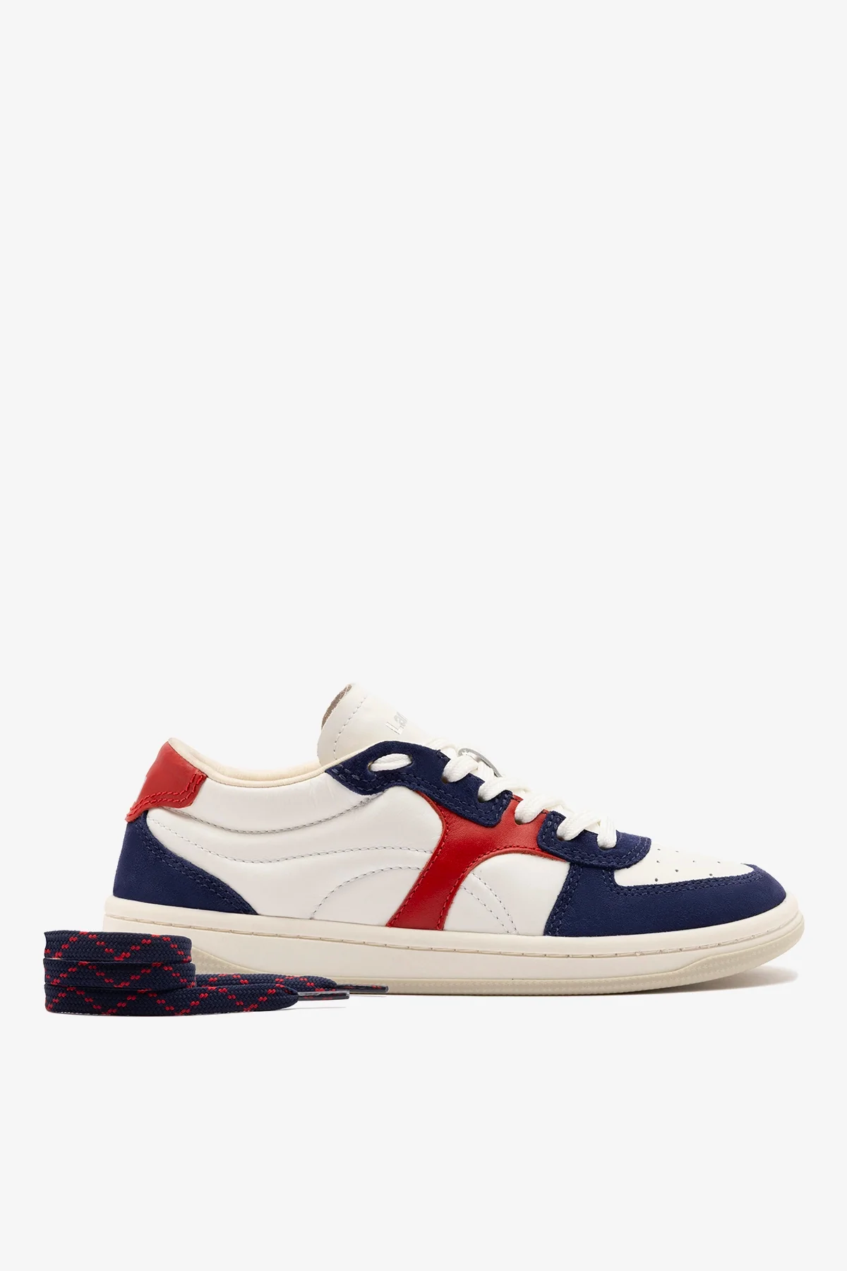 George Sneaker In White and Blood Red Leather and Navy Suede - Image 4