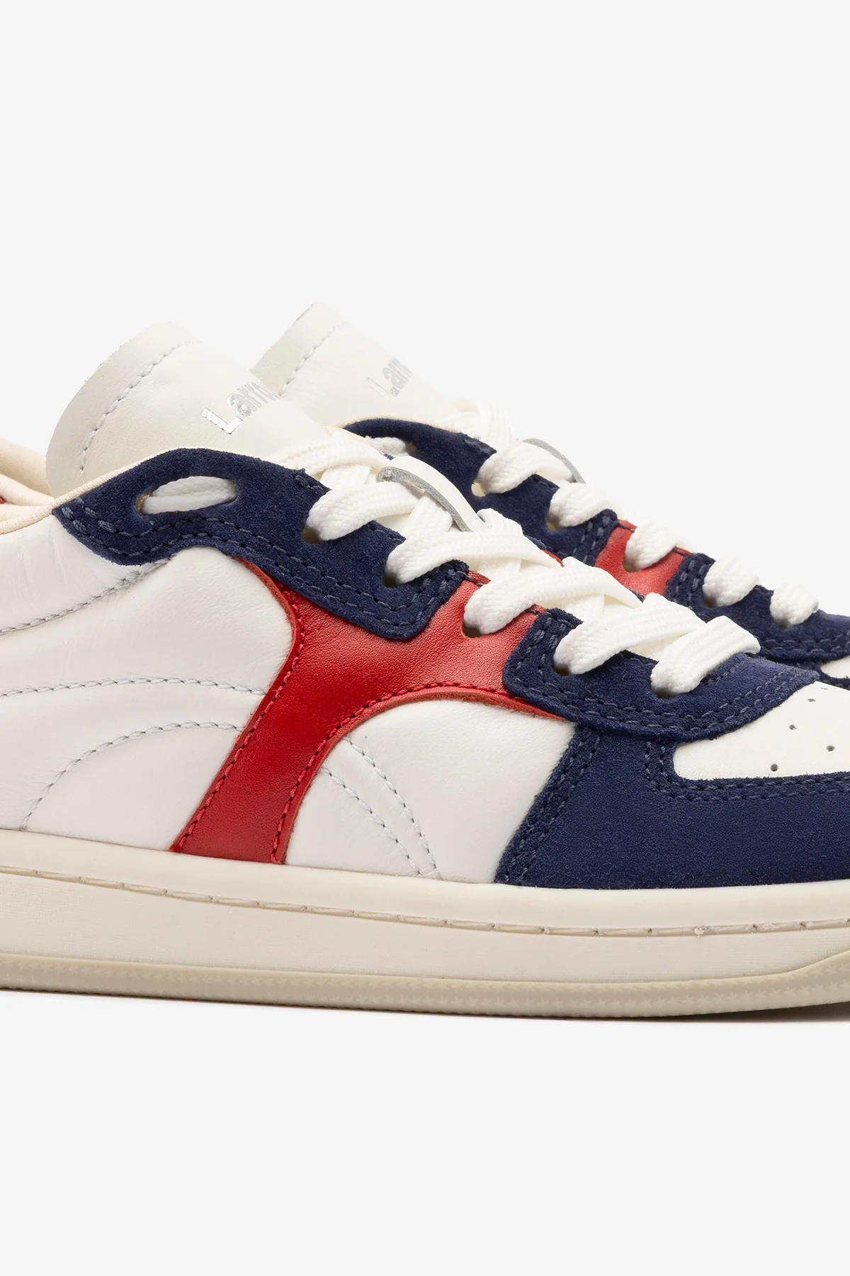 George Sneaker In White and Blood Red Leather and Navy Suede - Image 5