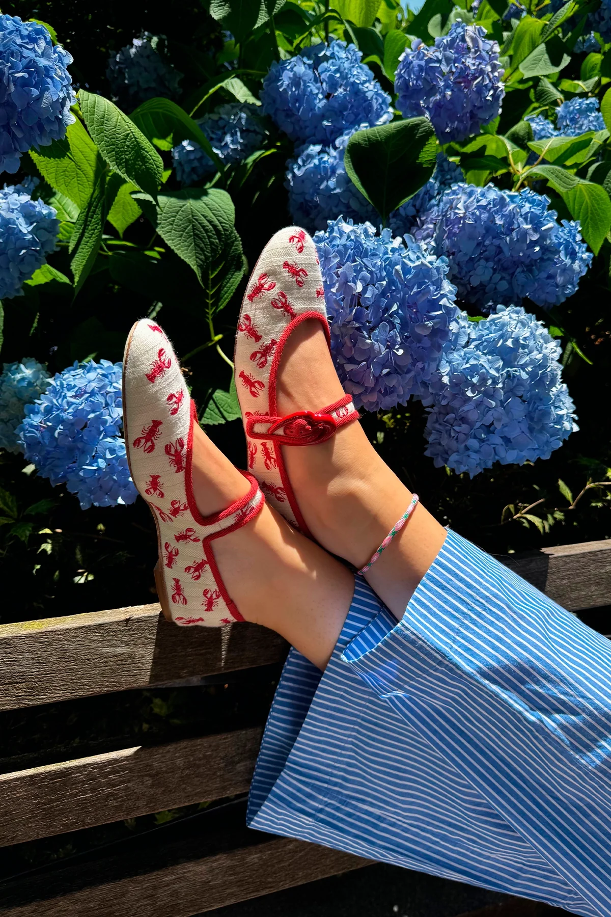 Verona Ballet Flat In White Striped Fabric and Lobster Embroidery - Image 2