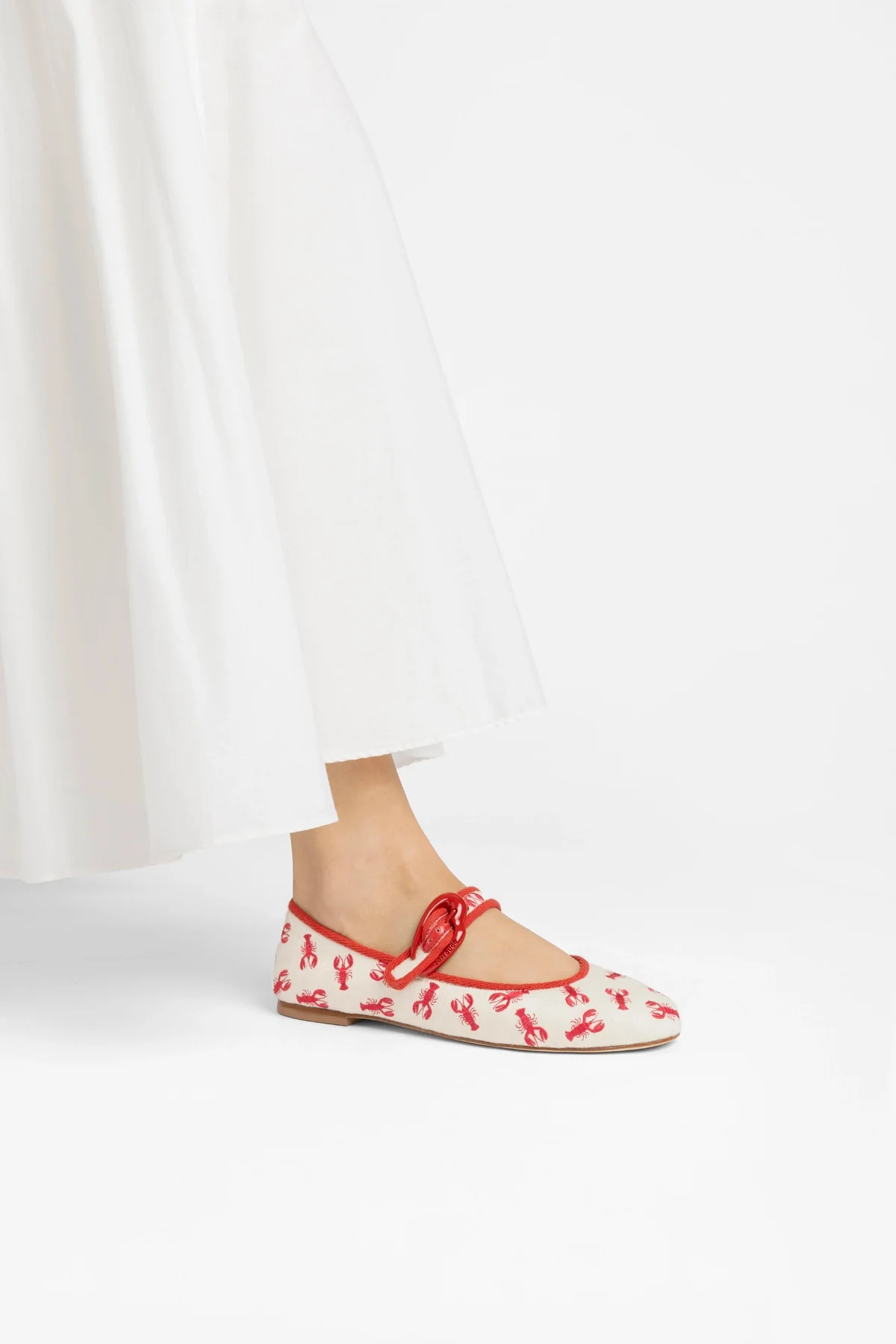 Verona Ballet Flat In White Striped Fabric and Lobster Embroidery - Image 6